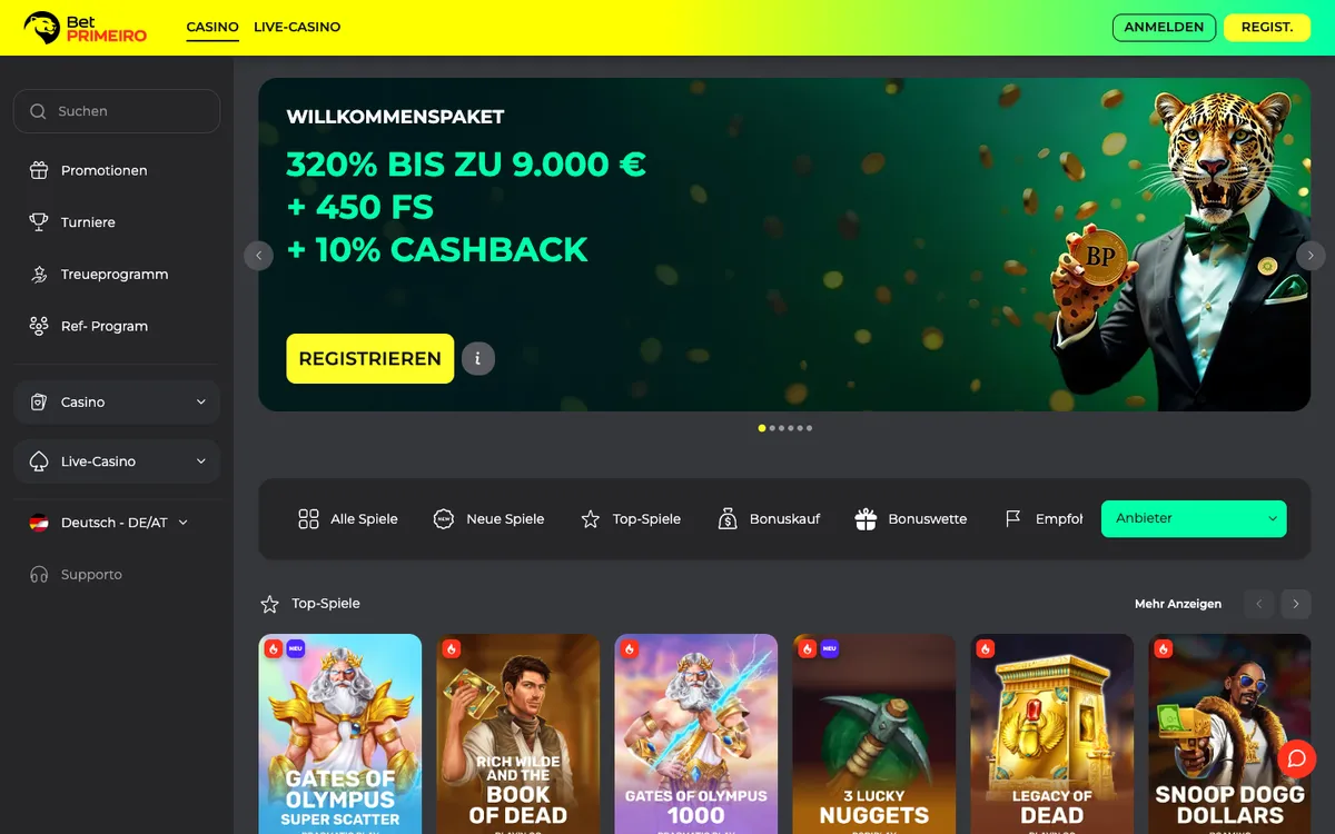 BetPRIMEIRO Casino — «Главная», снято из страны Австрия