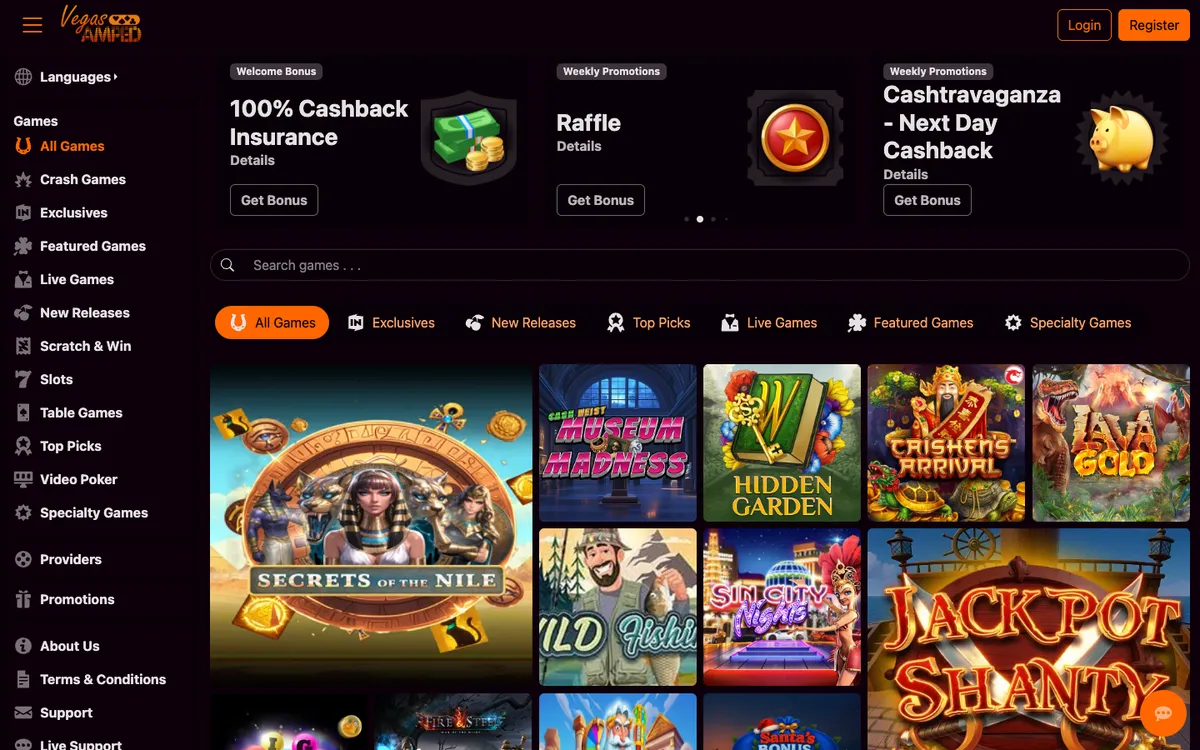 VegasAmped Casino — Home page, captured from South Africa