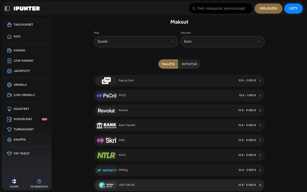 MrPunter Casino — Payments, captured from Finland