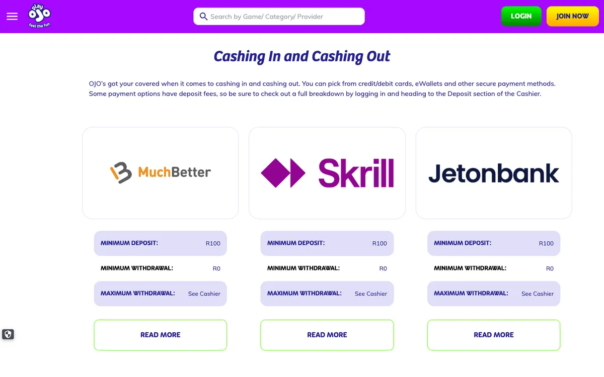 PlayOJO Casino — Payments, captured from South Africa
