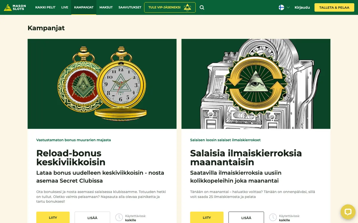 Mason Slots Casino — Promotions, captured from Finland