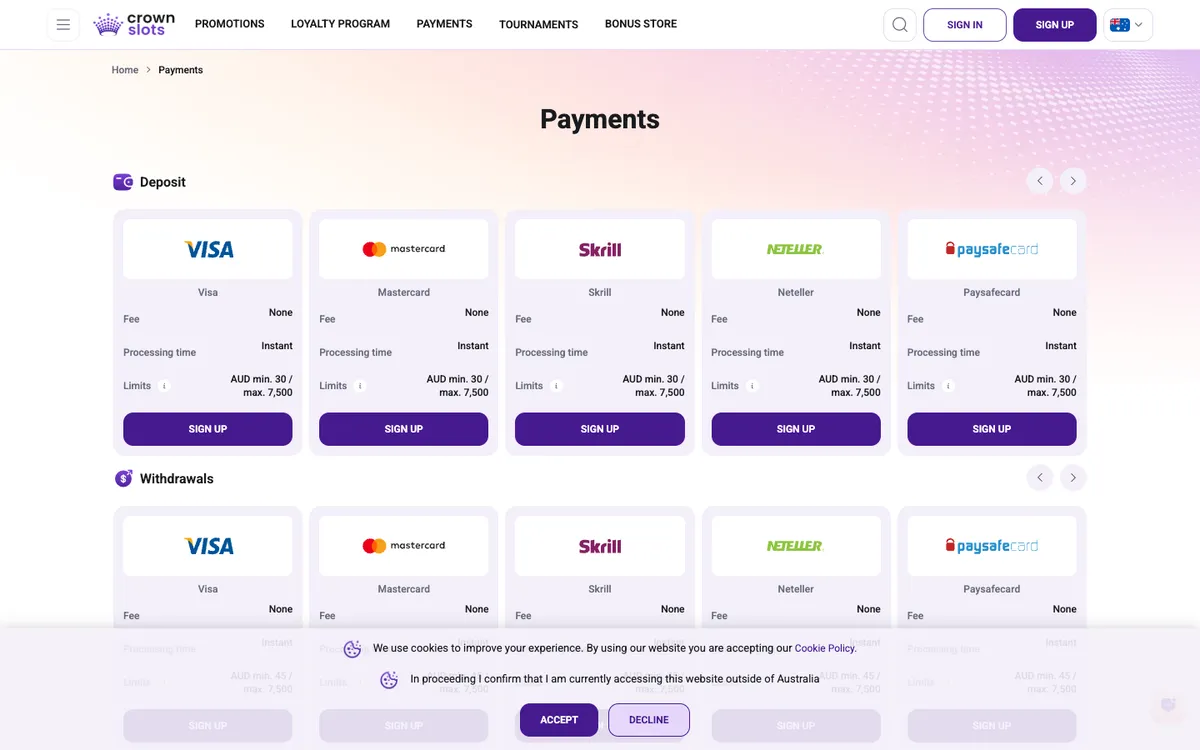 Crownslots Casino — «Платежи», снято из страны Австралия