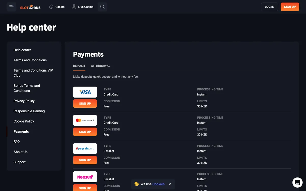 SlotLords Casino — Payments, captured from New Zealand