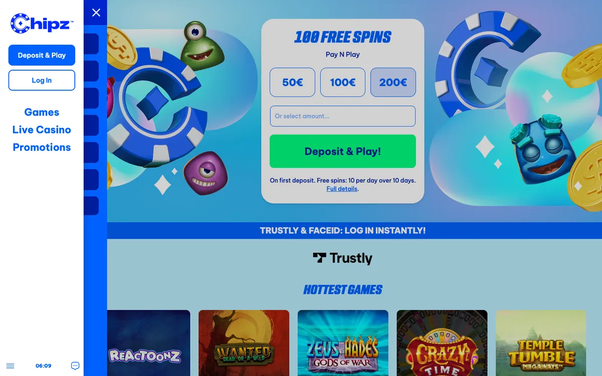 Chipz Casino — Sign-up, captured from Austria