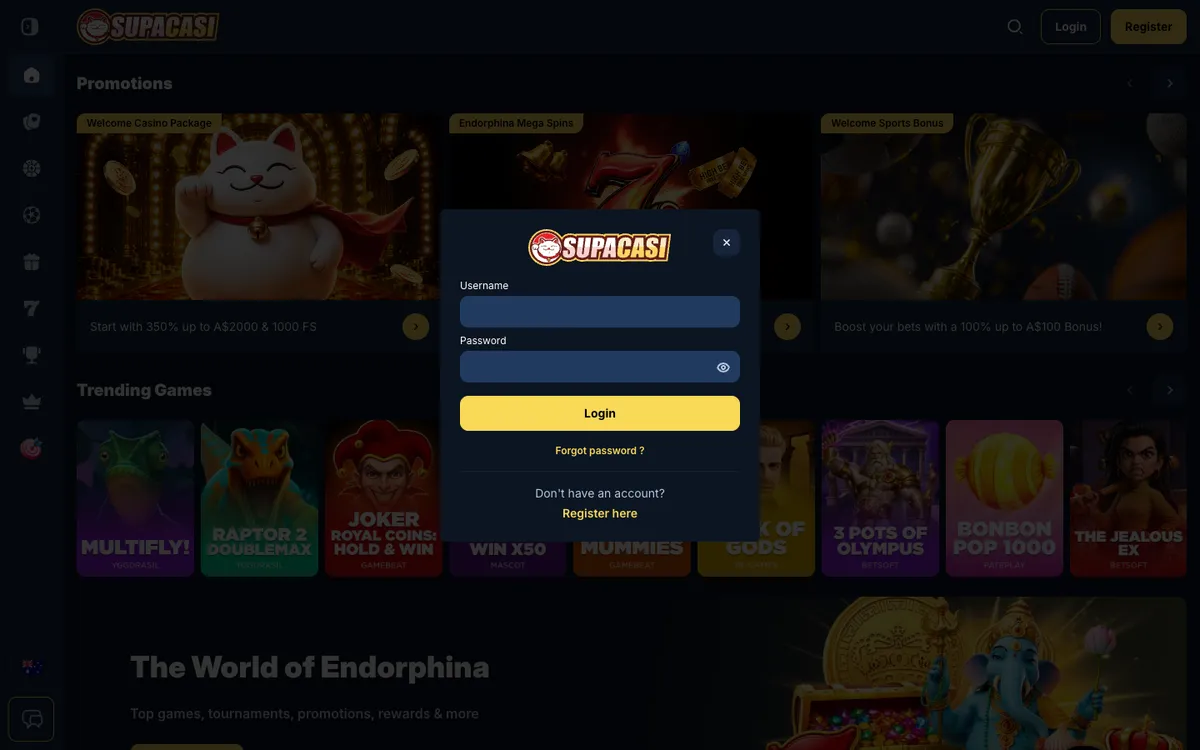 SupaCasi Casino — «Регистрация», снято из страны Австралия