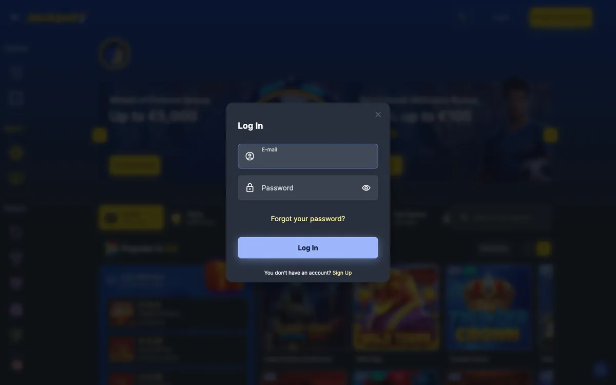 Jackpoty Casino — Sign-up, captured from South Africa