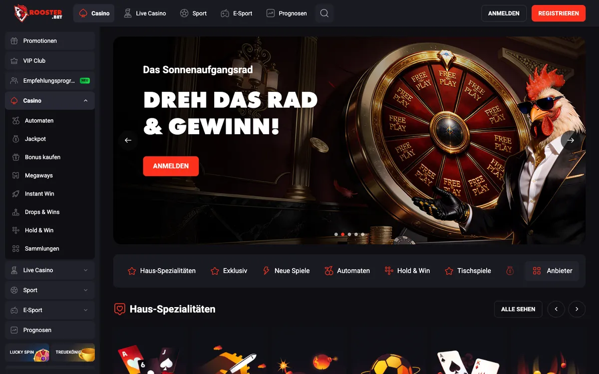 Rooster Bet Casino — Home page, captured from Austria