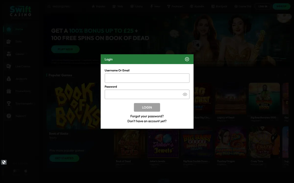 Swift Casino — Sign-up, captured from United Kingdom