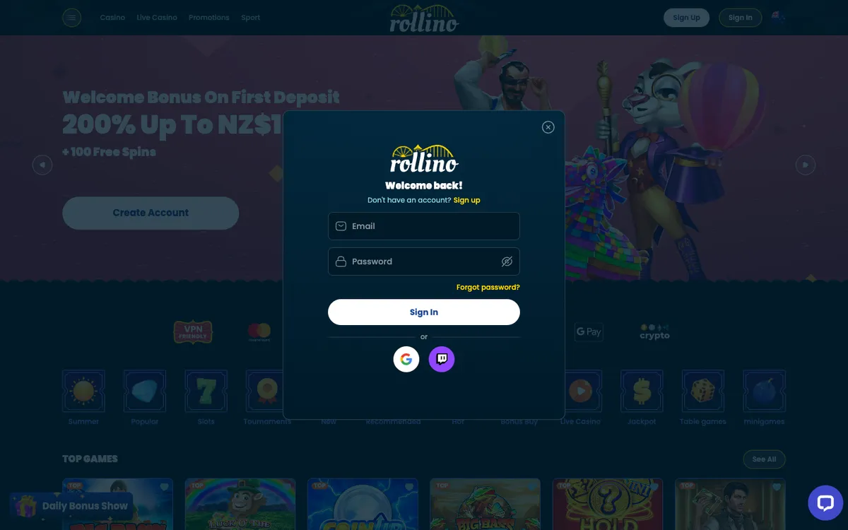 Rollino Casino — Sign-up, captured from New Zealand