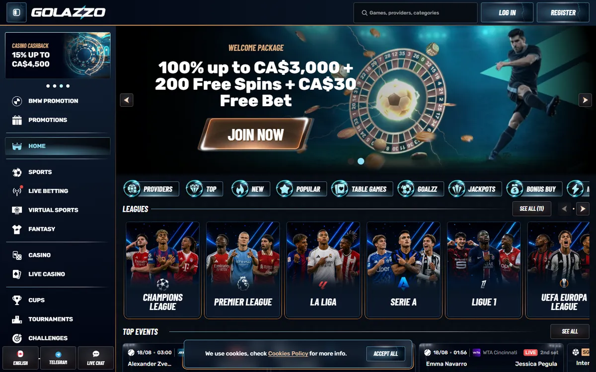 Golazzo Casino — Home page, captured from Canada