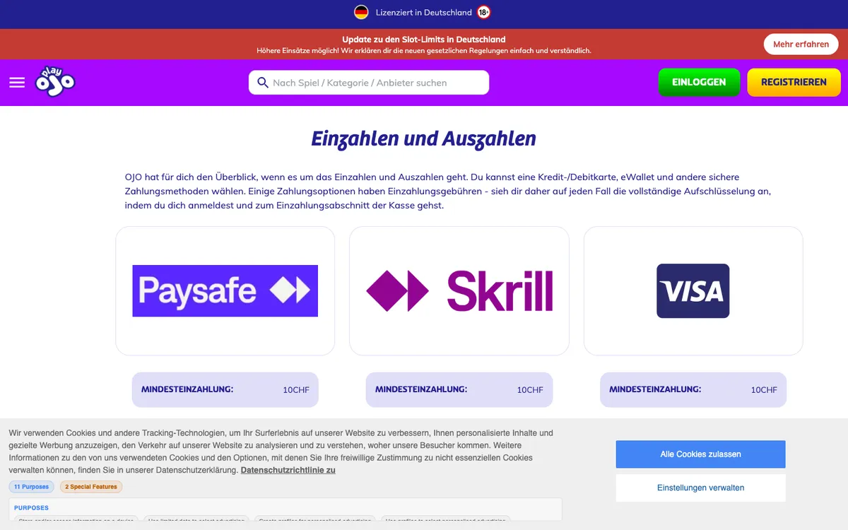PlayOJO Casino — Payments, captured from Switzerland
