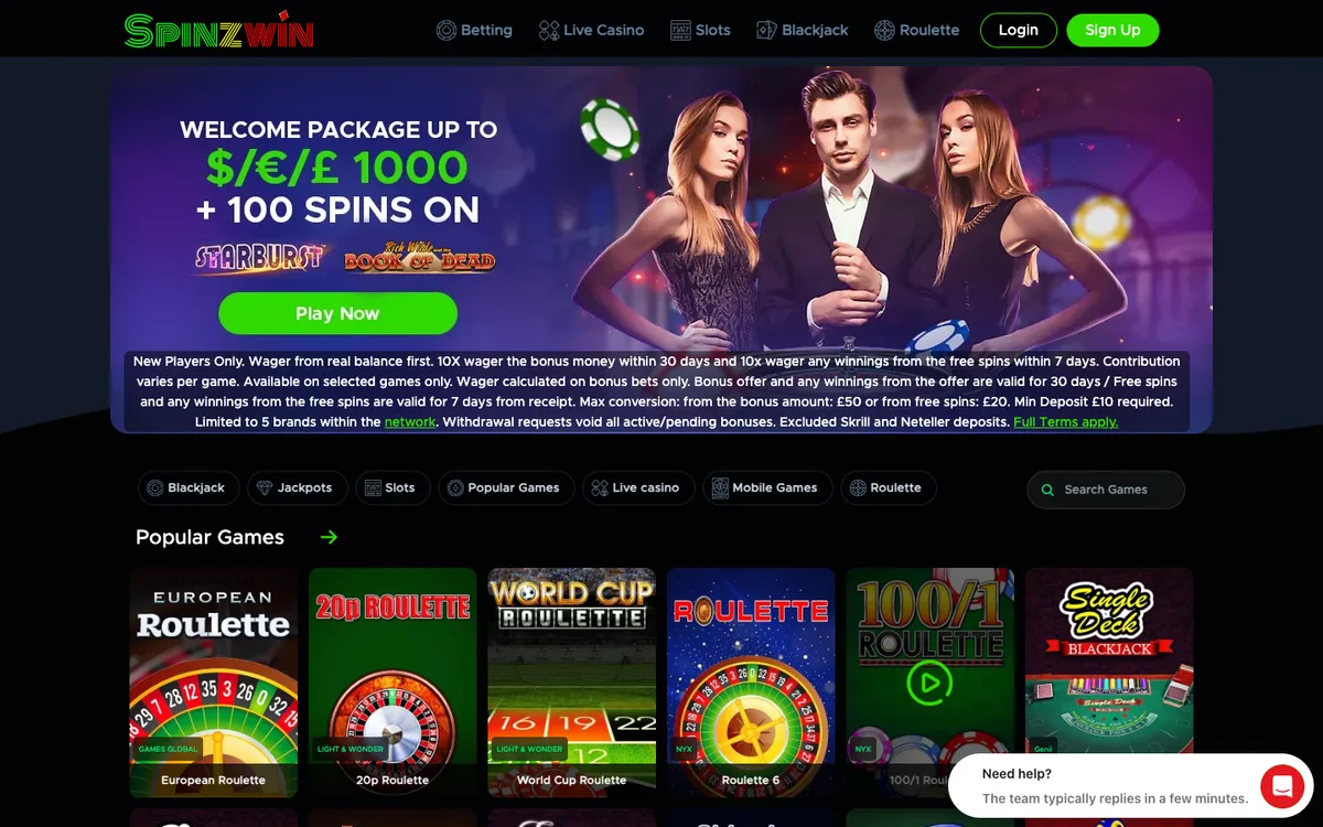 Spinzwin Casino — Home page, captured from New Zealand