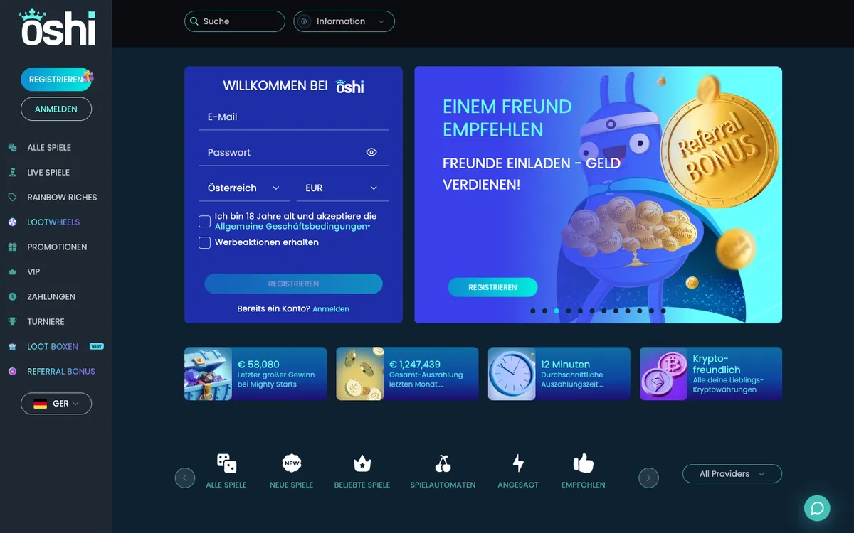 Oshi Casino — Home page, captured from Austria