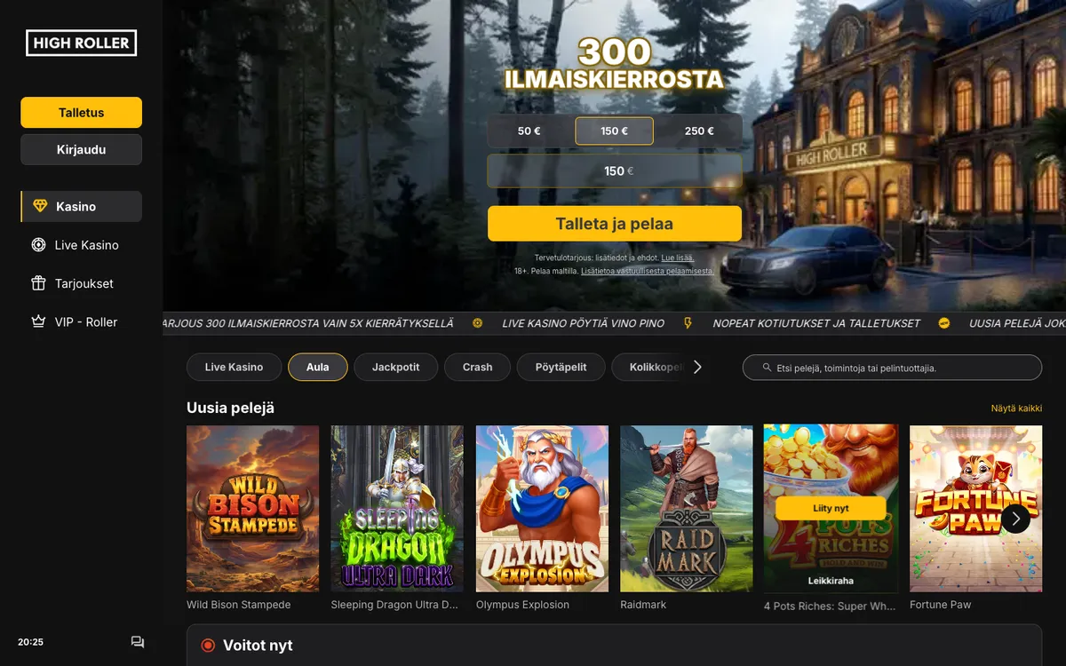Highroller Casino — Home page, captured from Finland