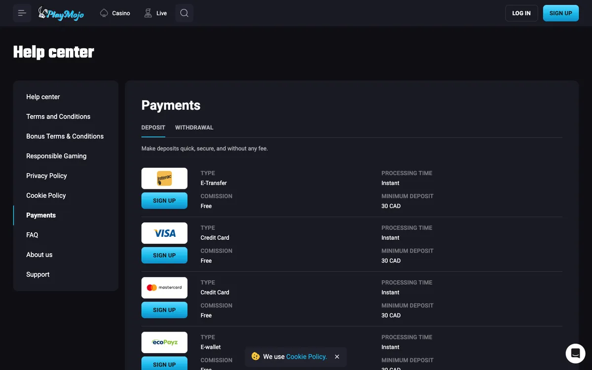 PlayMojo Casino — Payments, captured from Canada
