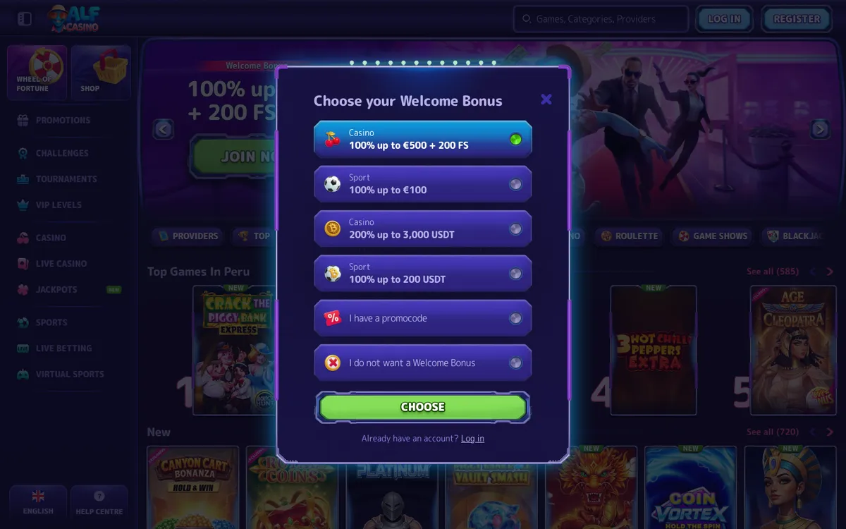 Alf Casino — Sign-up, captured from Peru