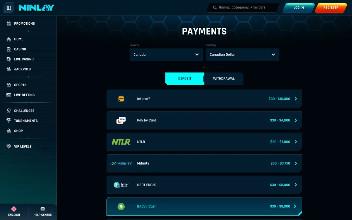 Ninlay Casino — «Платежи», снято из страны Канада