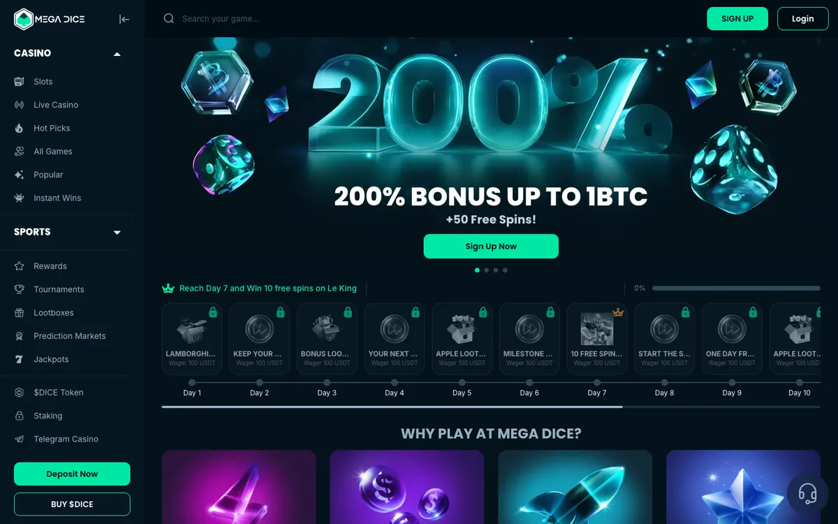Mega Dice Casino — Home page, captured from Belgium