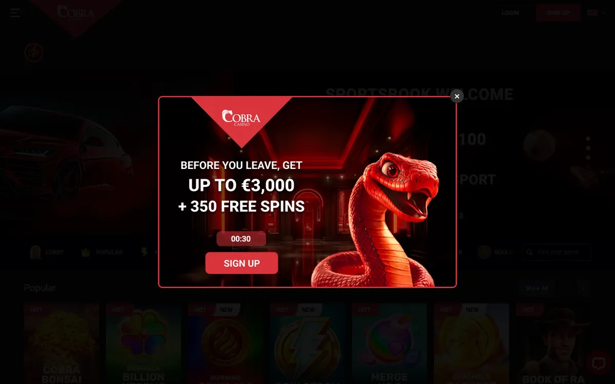 Cobra Casino — «Регистрация», снято из страны Португалия