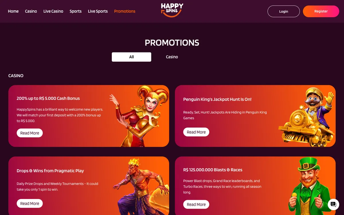 HappySpins Casino — Promotions, captured from Belgium