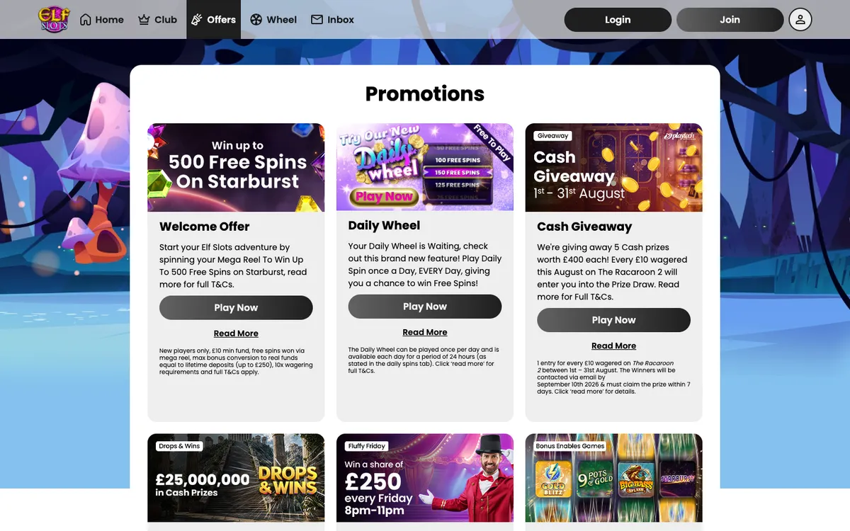 Elf Slots Casino — Promotions, captured from United Kingdom