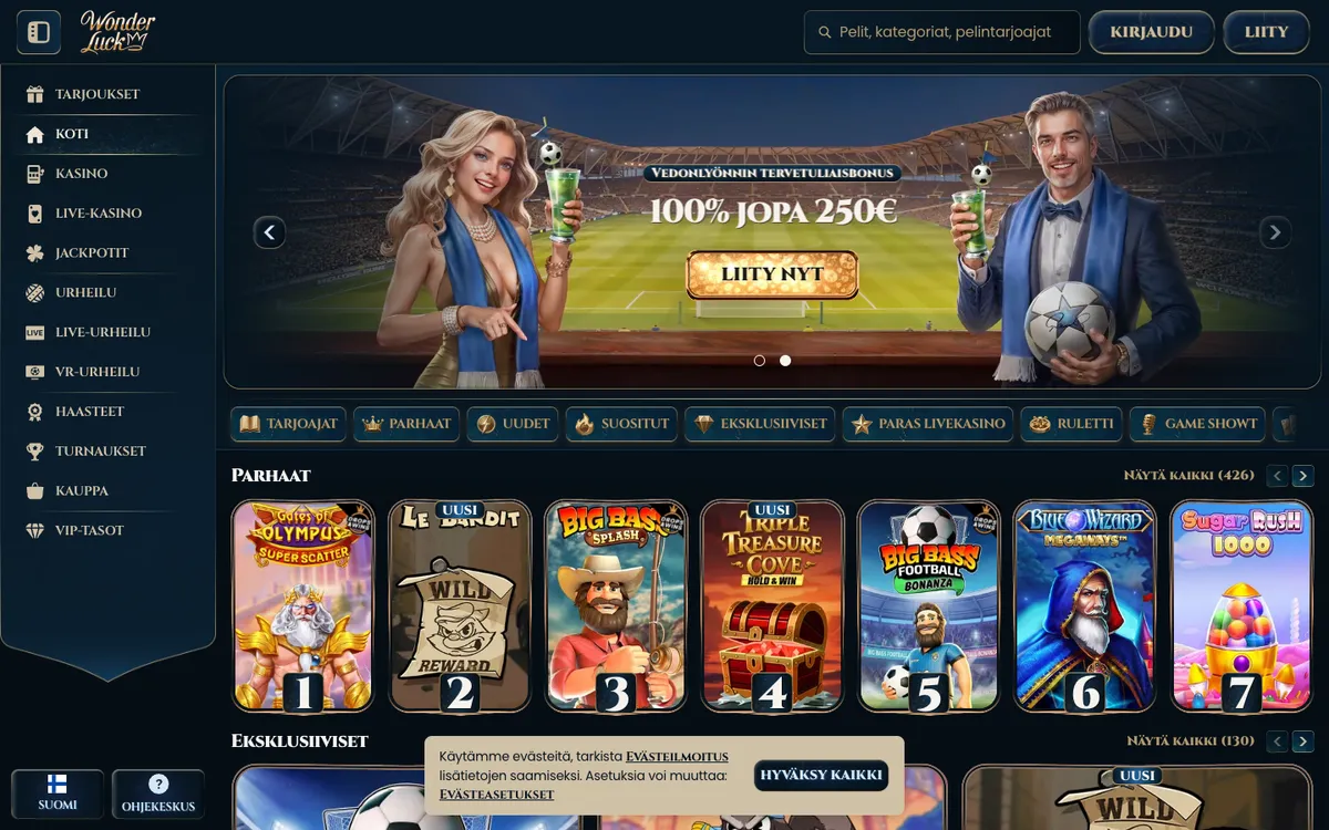 WonderLuck Casino — Home page, captured from Finland