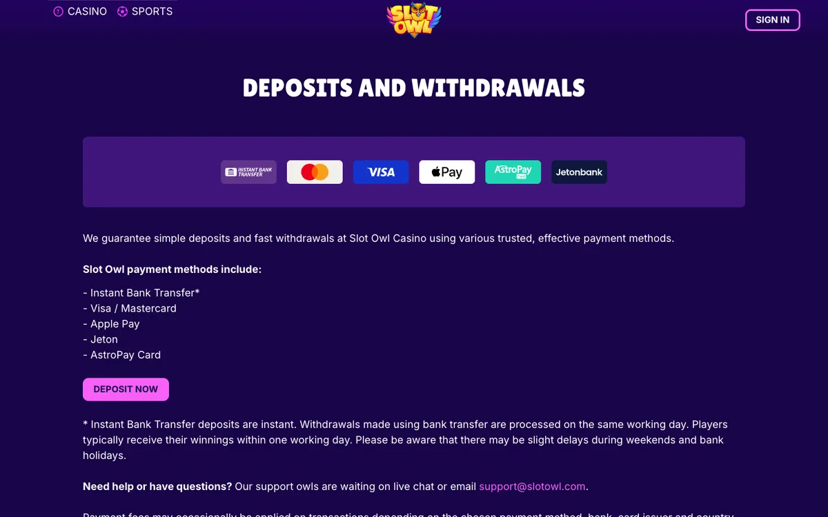 Slot Owl Casino — Payments, captured from New Zealand