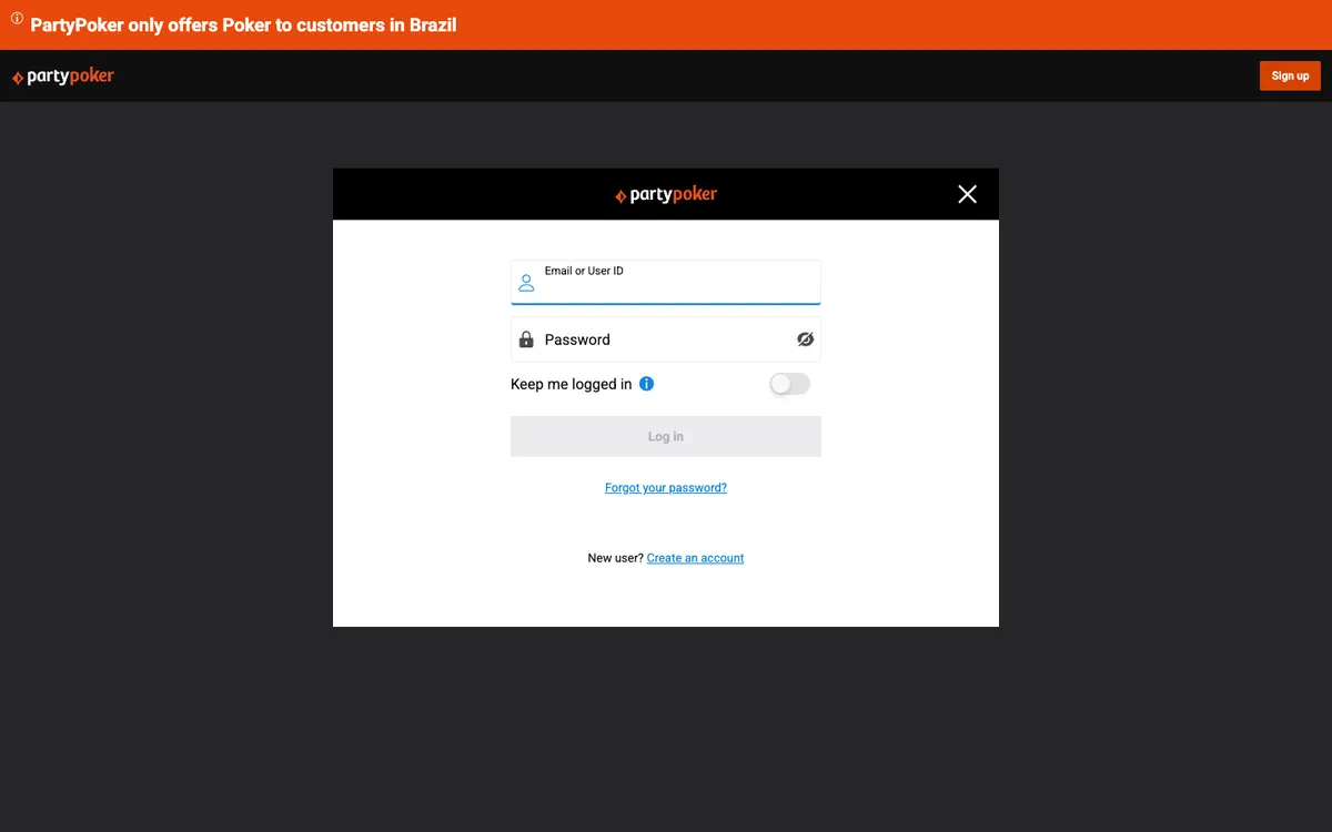 Party Poker Casino — Sign-up, captured from Brazil
