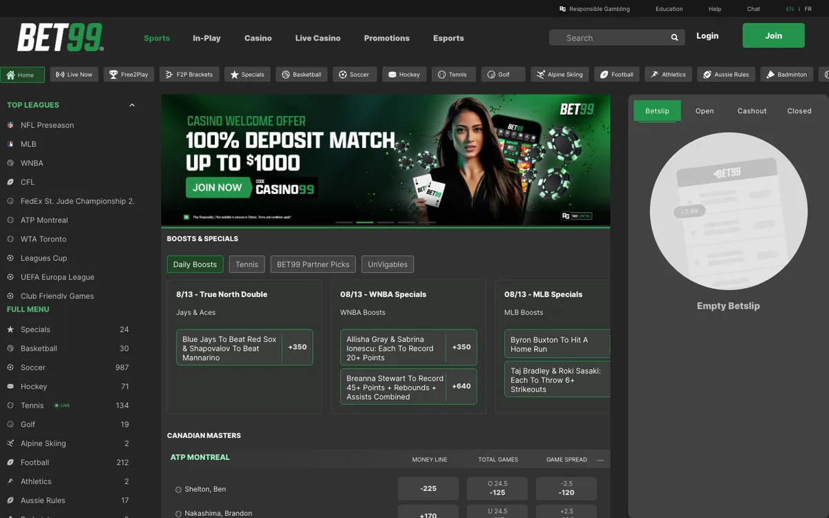 BET99 Casino — Home page, captured from Canada