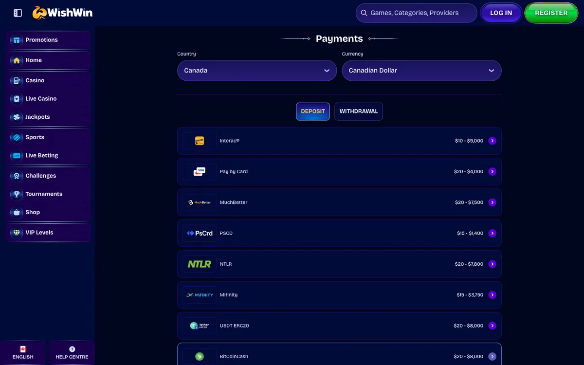 WishWin Casino — Payments, captured from Canada