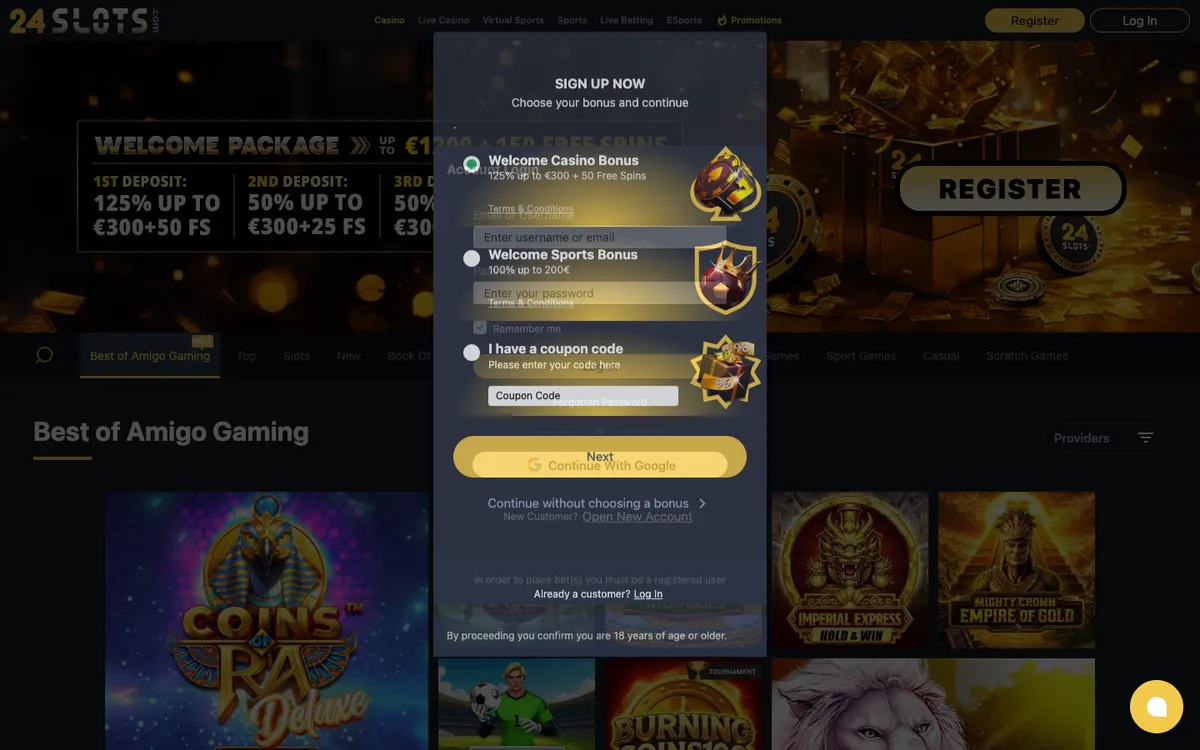 24Slots Casino — Sign-up, captured from Japan