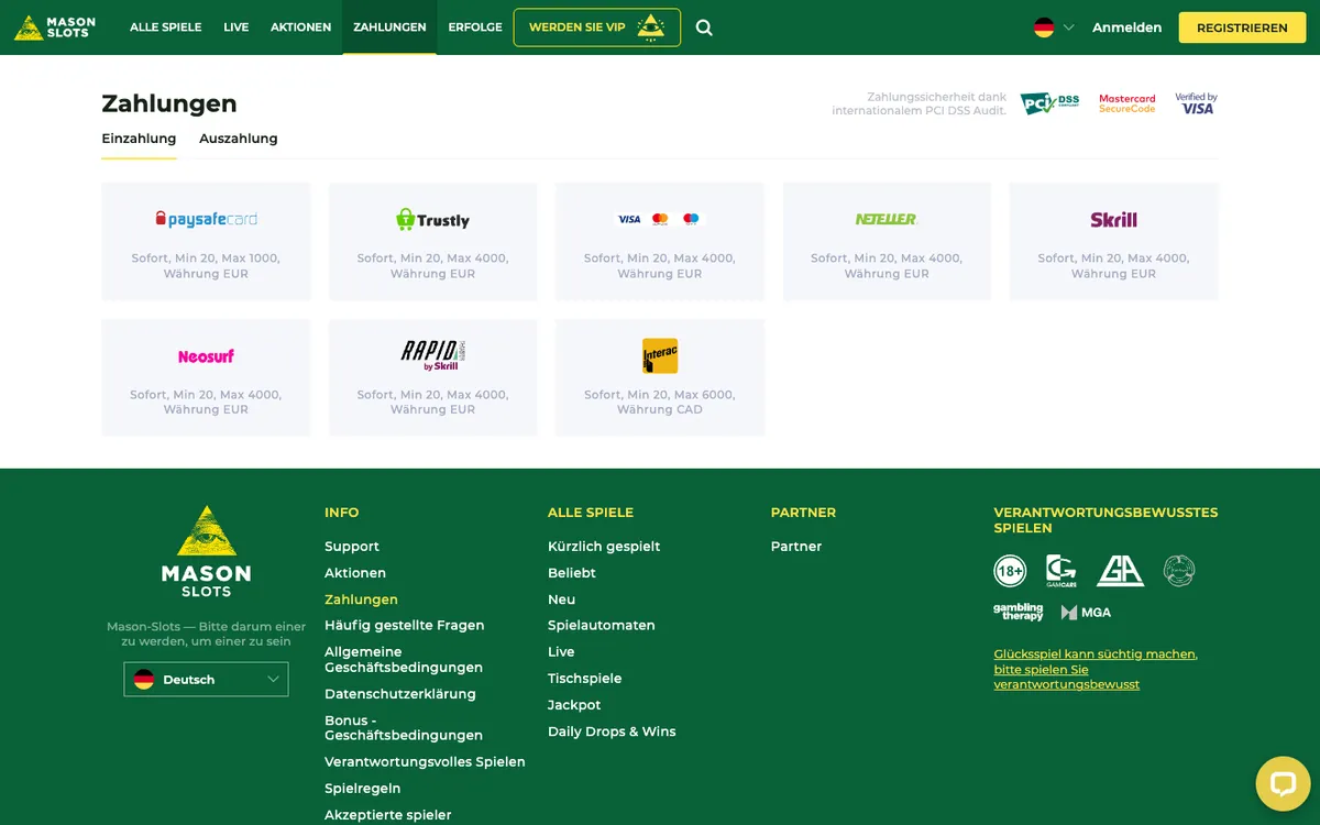Mason Slots Casino — Payments, captured from Germany