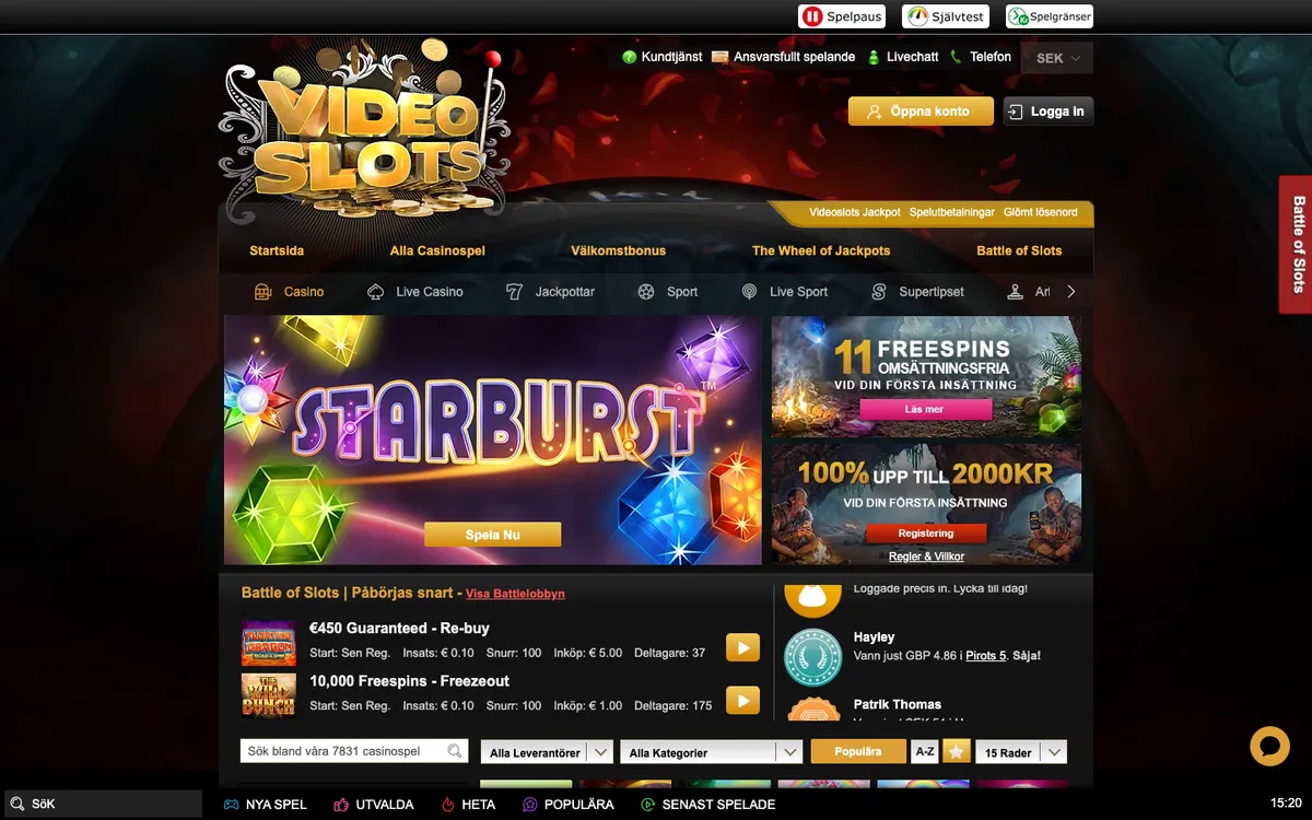 Videoslots Casino — Home page, captured from Sweden