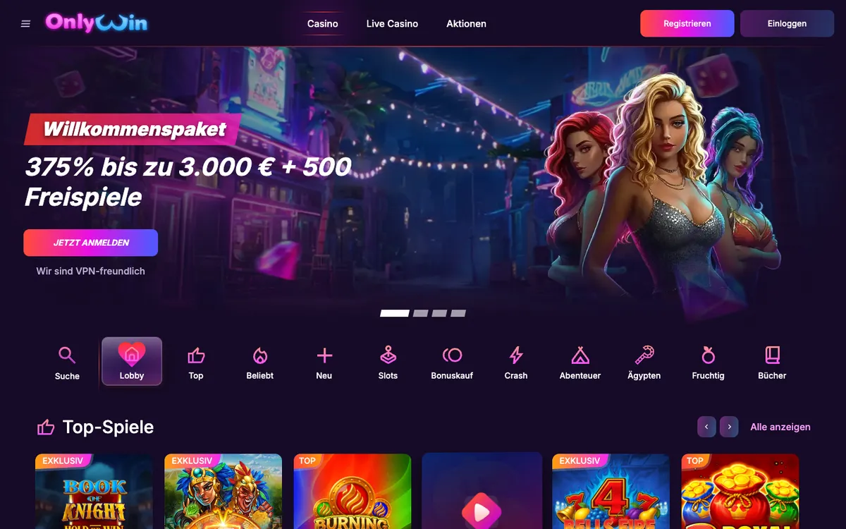 Only Win Casino — Home page, captured from Austria