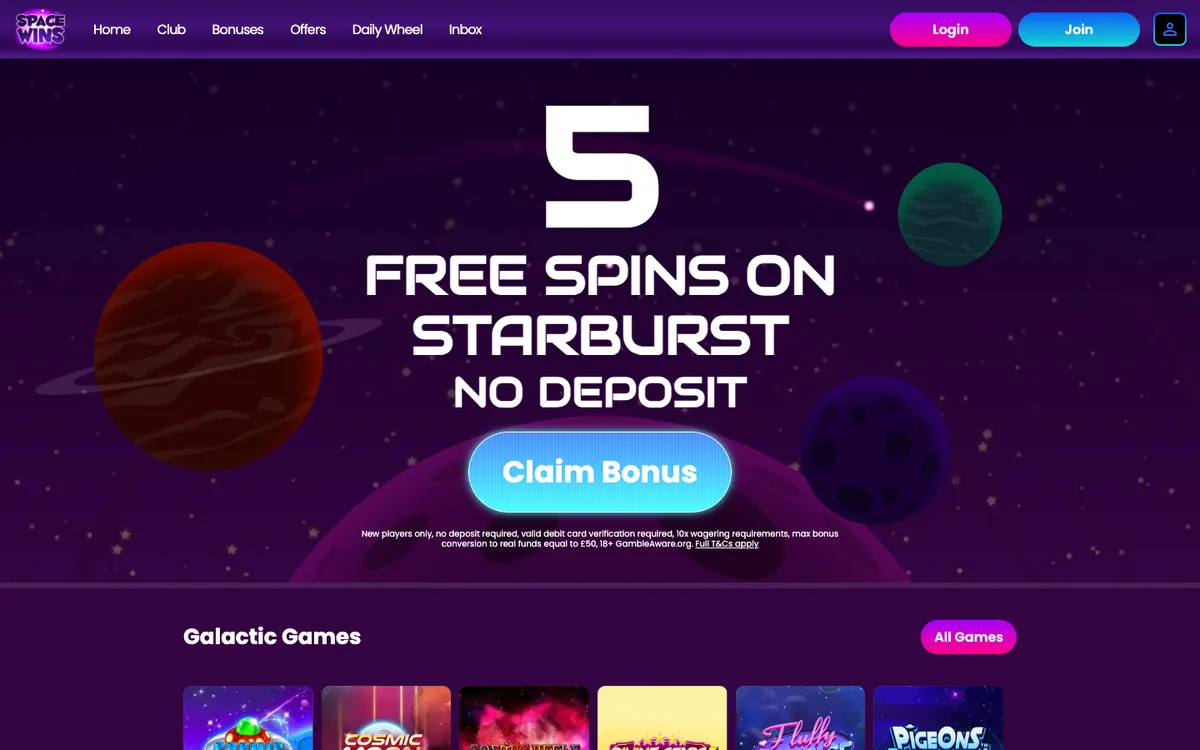 Space Wins Casino — Sign-up, captured from United Kingdom