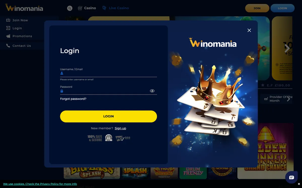 Winomania Casino — Sign-up, captured from United Kingdom
