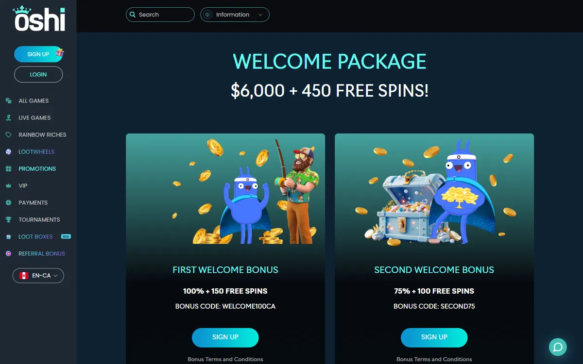 Oshi Casino — «Акции», снято из страны Канада