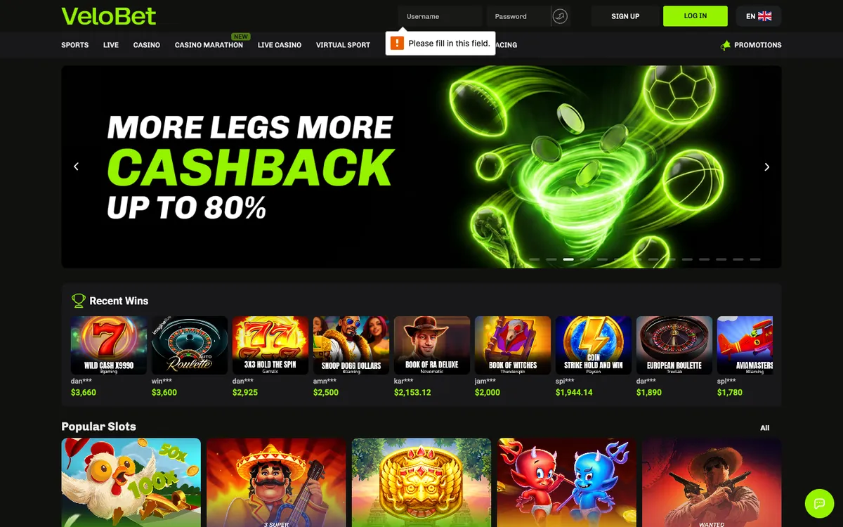 Velobet Casino — «Регистрация», снято из страны Великобритания
