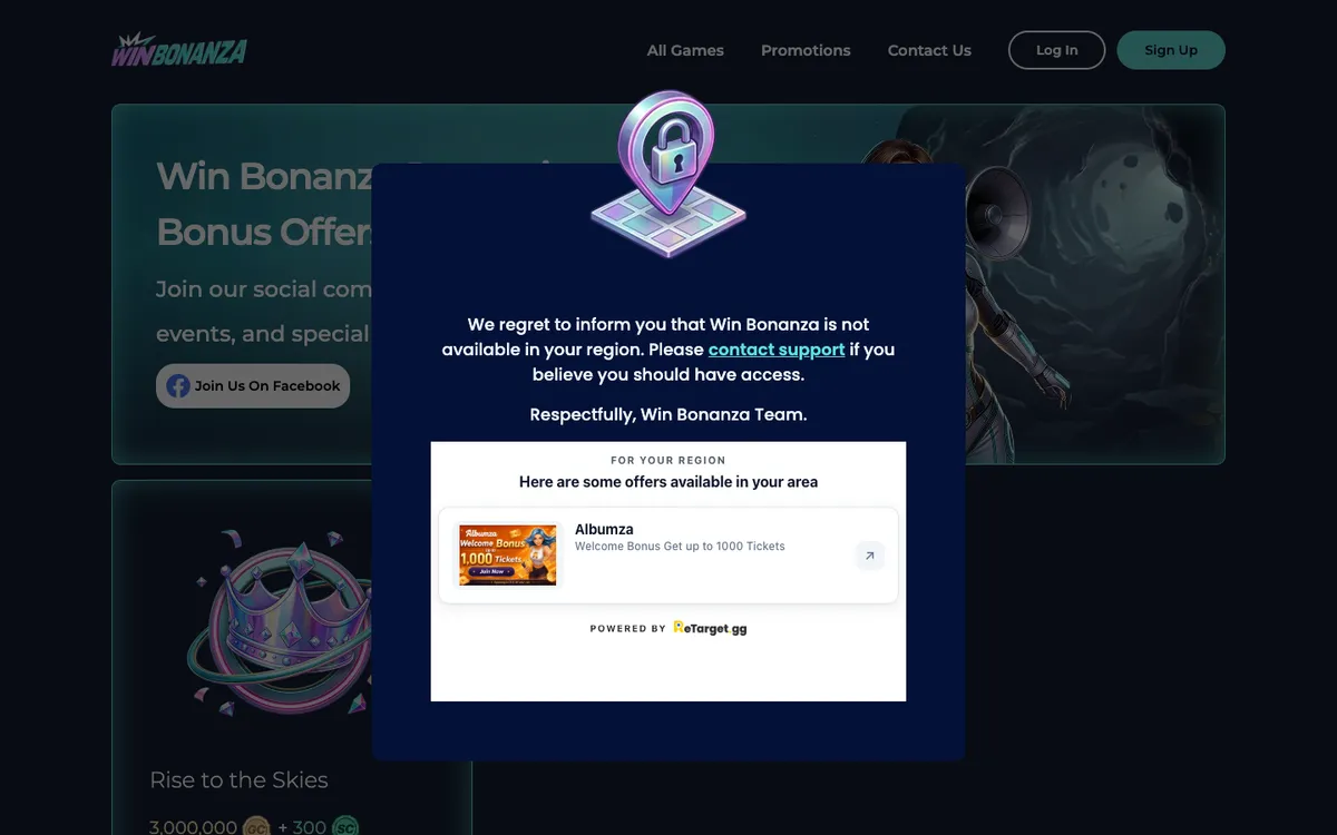 Win Bonanza Casino — Promotions, captured from United States