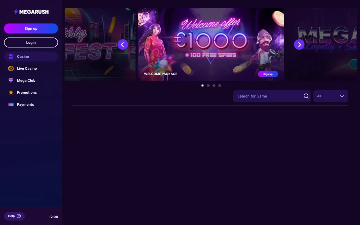 MegaRush Casino — Home page, captured from Belgium