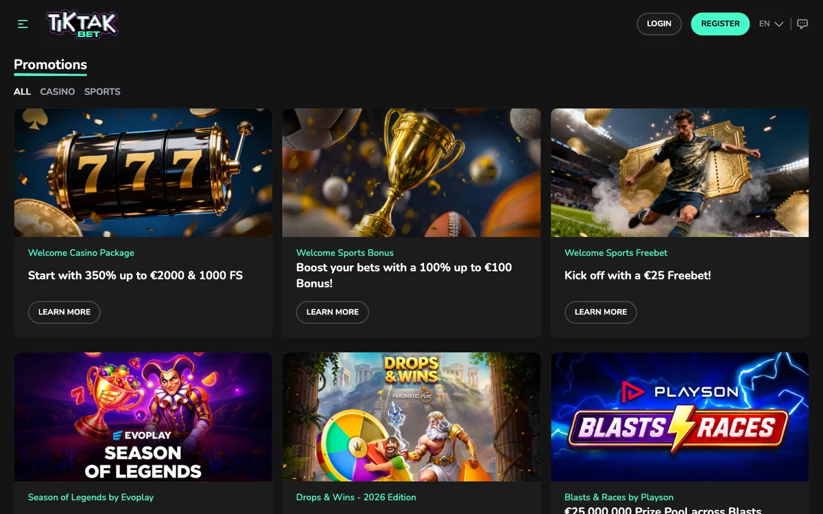 TikTak Bet Casino — Promotions, captured from France
