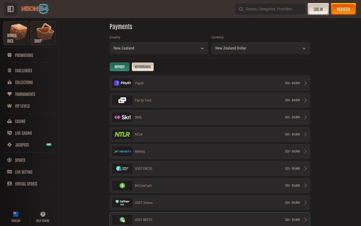 Neon54 Casino — Payments, captured from New Zealand