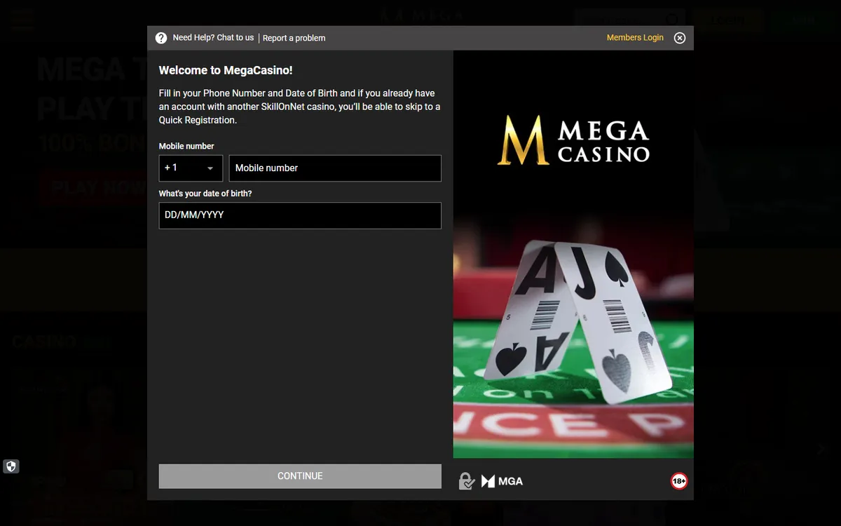 Mega Casino — Sign-up, captured from Canada