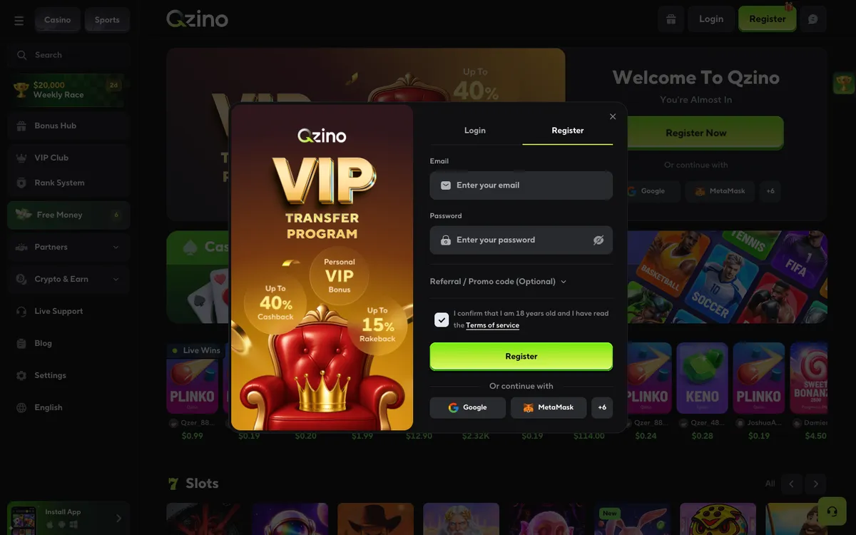 Qzino Casino — «Регистрация», снято из страны Индонезия