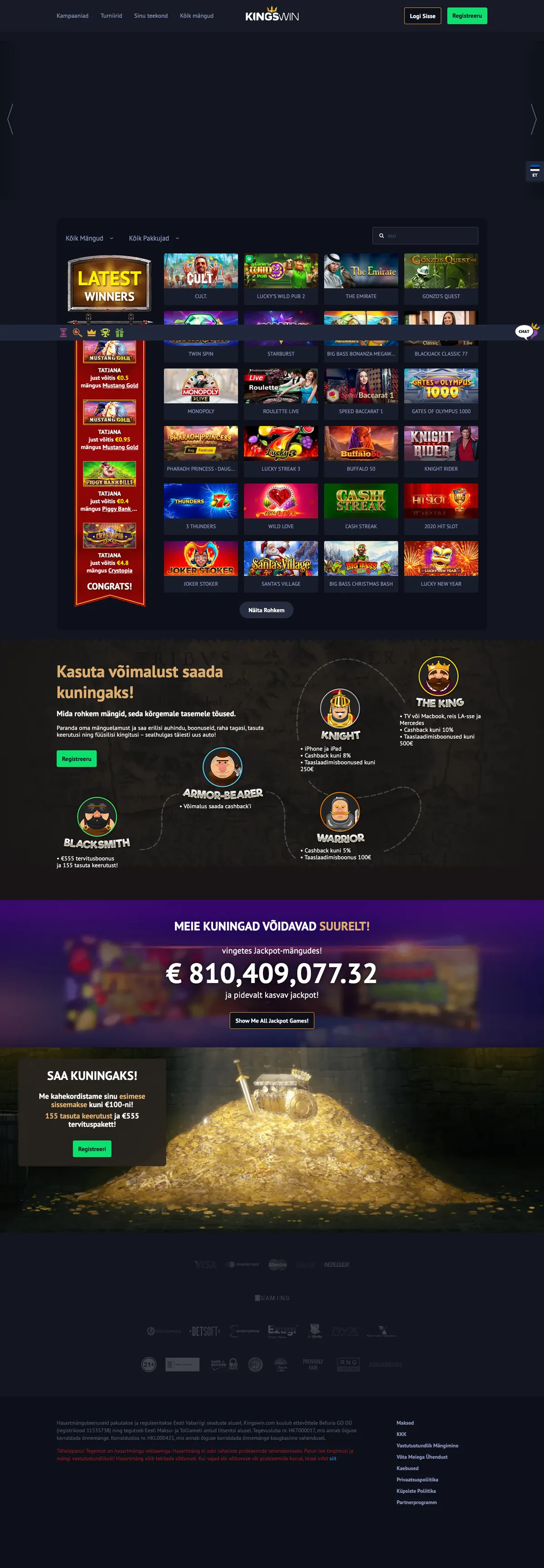 KingsWin Casino — Home page, captured from Estonia