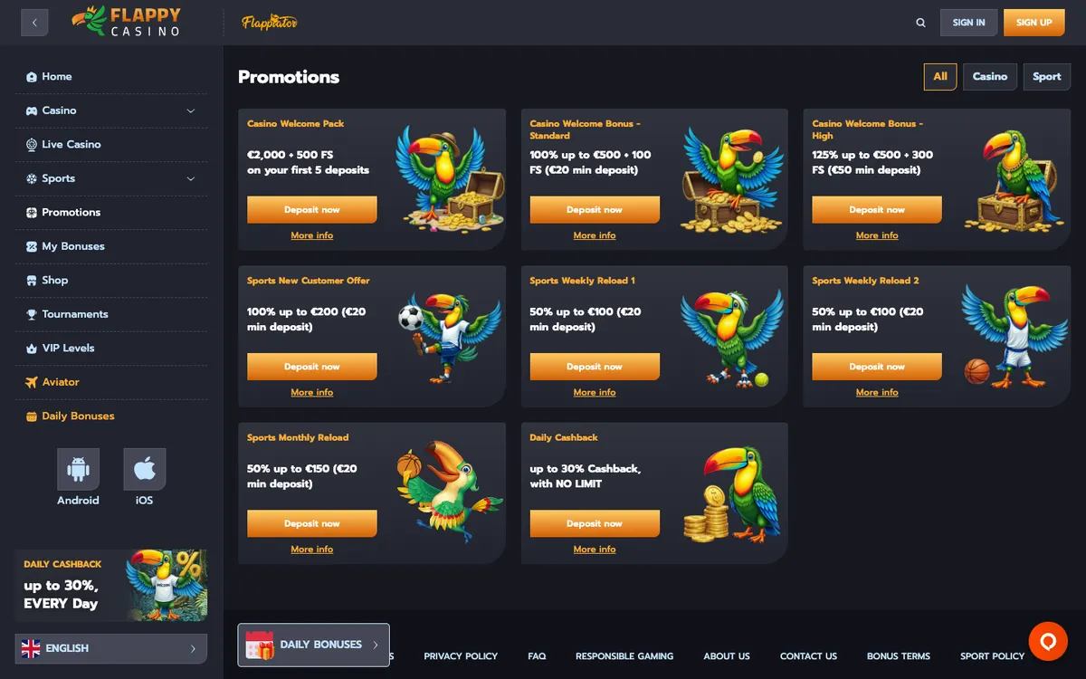 Flappy Casino — «Акции», снято из страны Норвегия