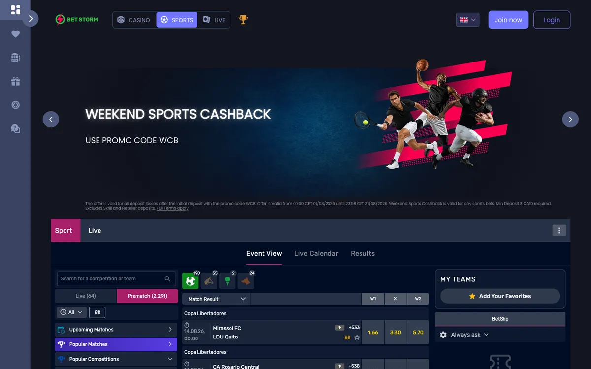 BetStorm Casino — Home page, captured from Canada