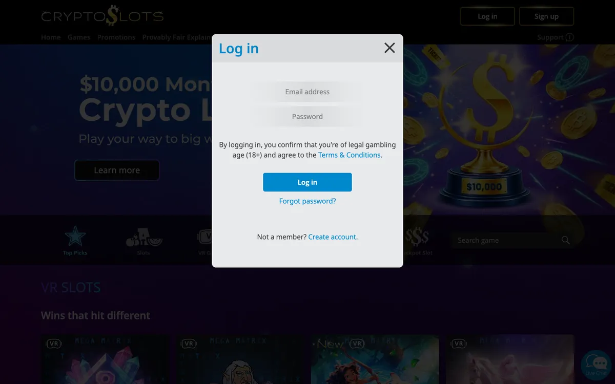 Crypto Slots Casino — «Регистрация», снято из страны Австрия