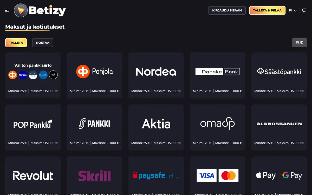 Betizy Casino — Payments, captured from Finland