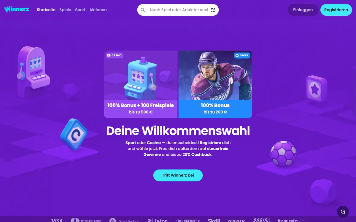 Winnerz Casino — Home page, captured from Switzerland